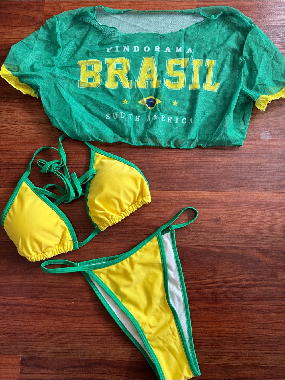 SHEIN Yellow and Green Brazil Triangle Bikini Set with Mesh Graphic Top